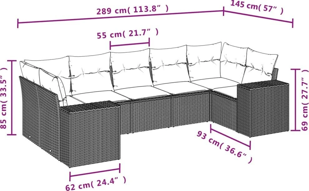 Sofos komplektas su pagalvėlėmis, 7 dalių, rudas, poliratanas