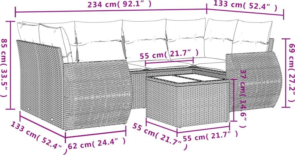 Lauko baldų komplektas Sofos komplektas su pagalvėlėmis, 7 dalių, rudas, poliratanas