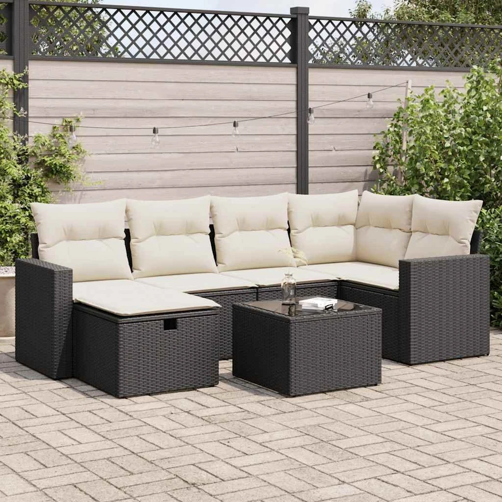Lauko baldų komplektas Sofos komplektas su pagalvėlėmis, 7 dalių, juodas, poliratanas