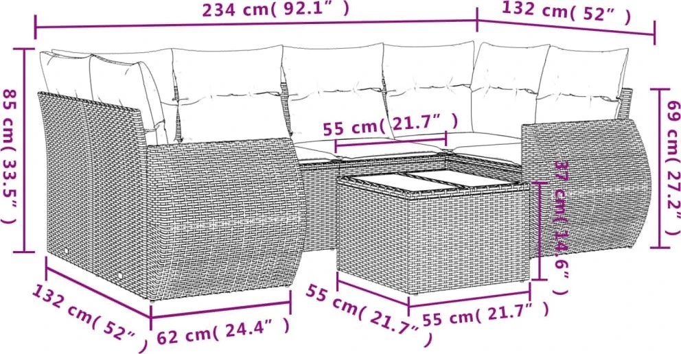 Lauko baldų komplektas Sofos komplektas su pagalvėlėmis, 7 dalių, rudas, poliratanas
