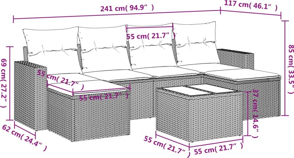 Sofos komplektas su pagalvėlėmis, 7 dalių, rudas, poliratanas