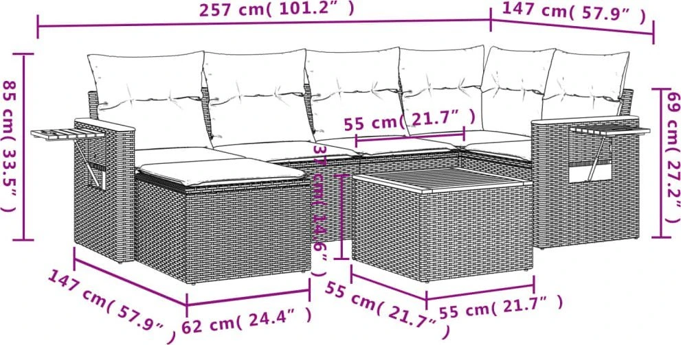 Sofos komplektas su pagalvėlėmis, 7 dalių, juodas, poliratanas