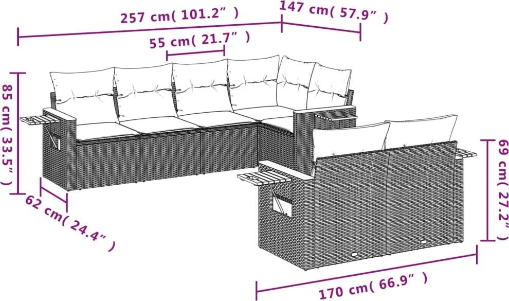 Sofa Sofos komplektas su pagalvėlėmis, 7 dalių, juodas, poliratanas