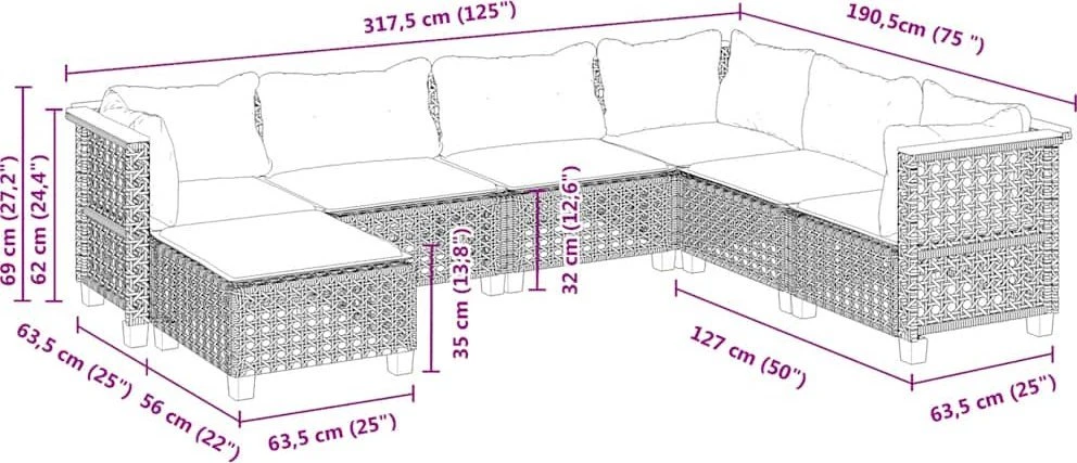 Lauko baldų komplektas Sofos komplektas su pagalvėlėmis, 7 dalių, smėlio, poliratanas