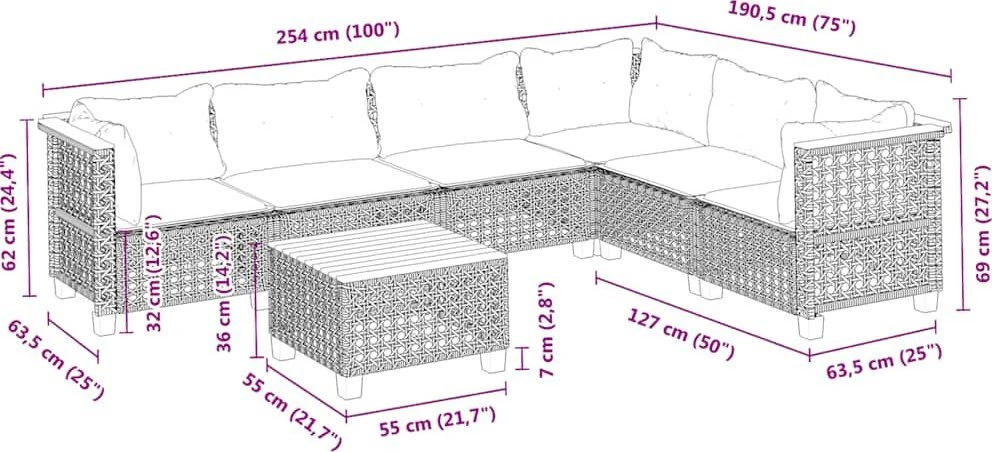 Lauko baldų komplektas Sofos komplektas su pagalvėlėmis, 7 dalių, smėlio, poliratanas