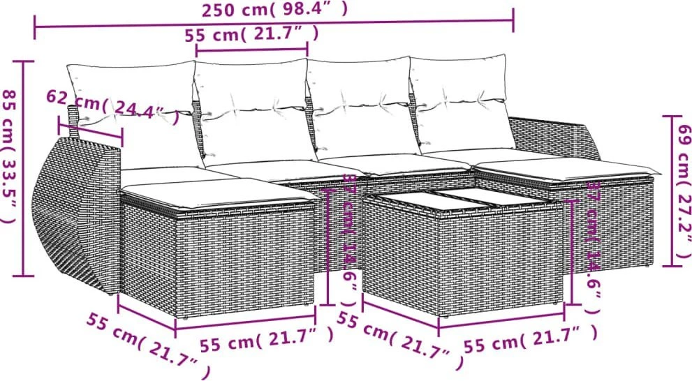 Lauko baldų komplektas Sofos komplektas su pagalvėlėmis, 7 dalių, rudas, poliratanas