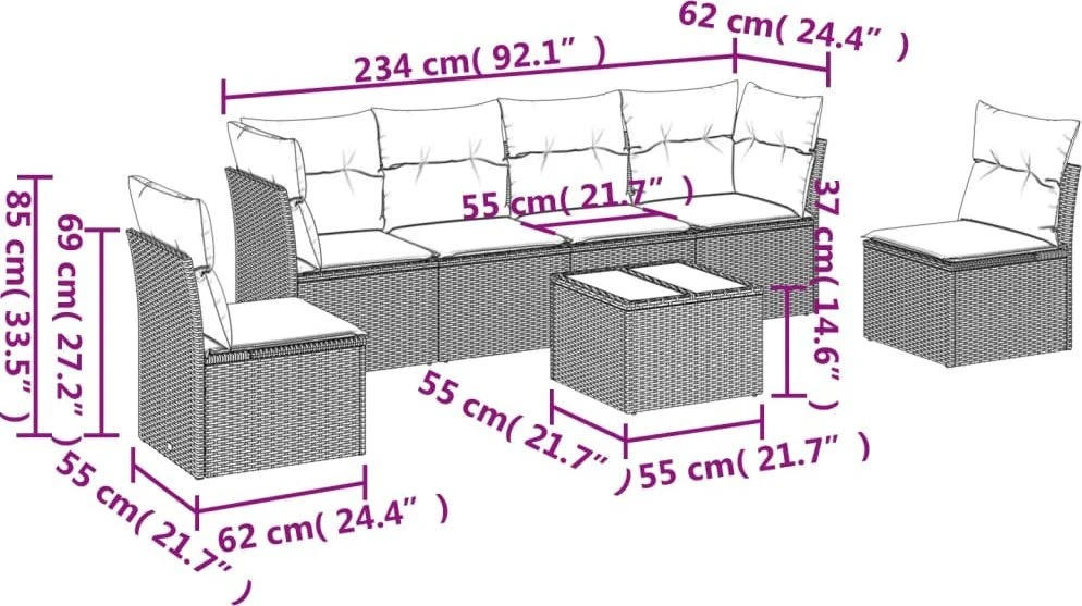Lauko baldų komplektas Sofos komplektas su pagalvėlėmis, 7 dalių, rudas, poliratanas