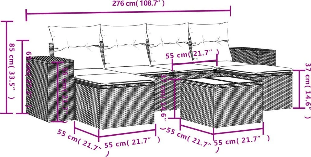 Lauko baldų komplektas Sofos komplektas su pagalvėlėmis, 7 dalių, rudas, poliratanas