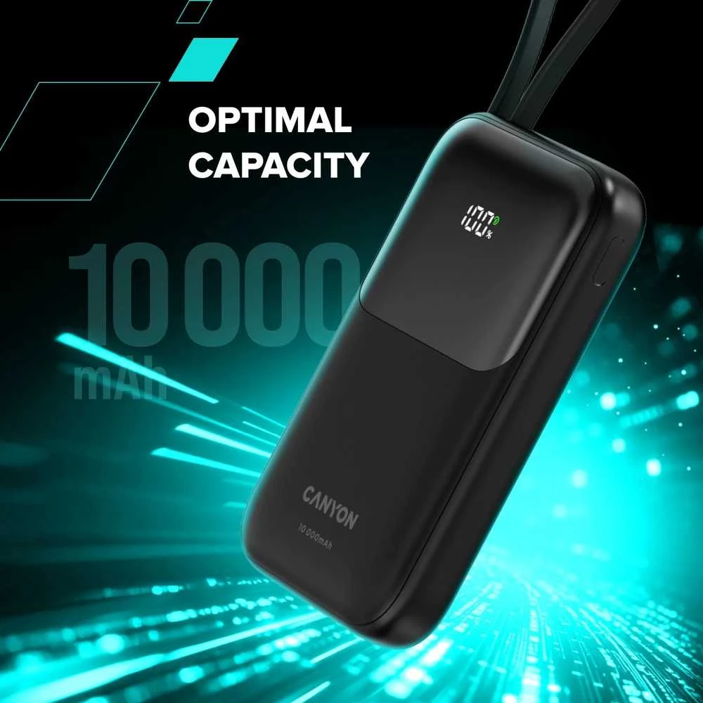 CANYON maitinimo blokas OnPower 101 įmontuotas kabelis 10000 mAh PD22.5W juodas