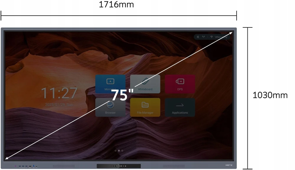 Metz 75KD1 interaktyvus monitorius 75 coliai 4K jutiklinis DLED Wi-Fi6 LAN 8GB/128GB 24/7 Android 11 su sieniniu laikikliu