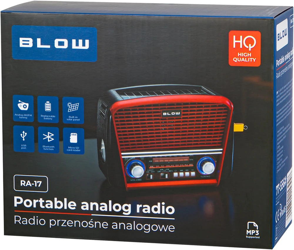 Nešiojamasis analoginis AM/FM radijas BT BLOW RA17 saulės energija varomas, raudonas