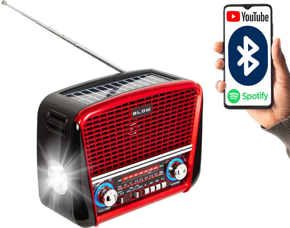 Nešiojamasis analoginis AM/FM radijas BT BLOW RA17 saulės energija varomas, raudonas