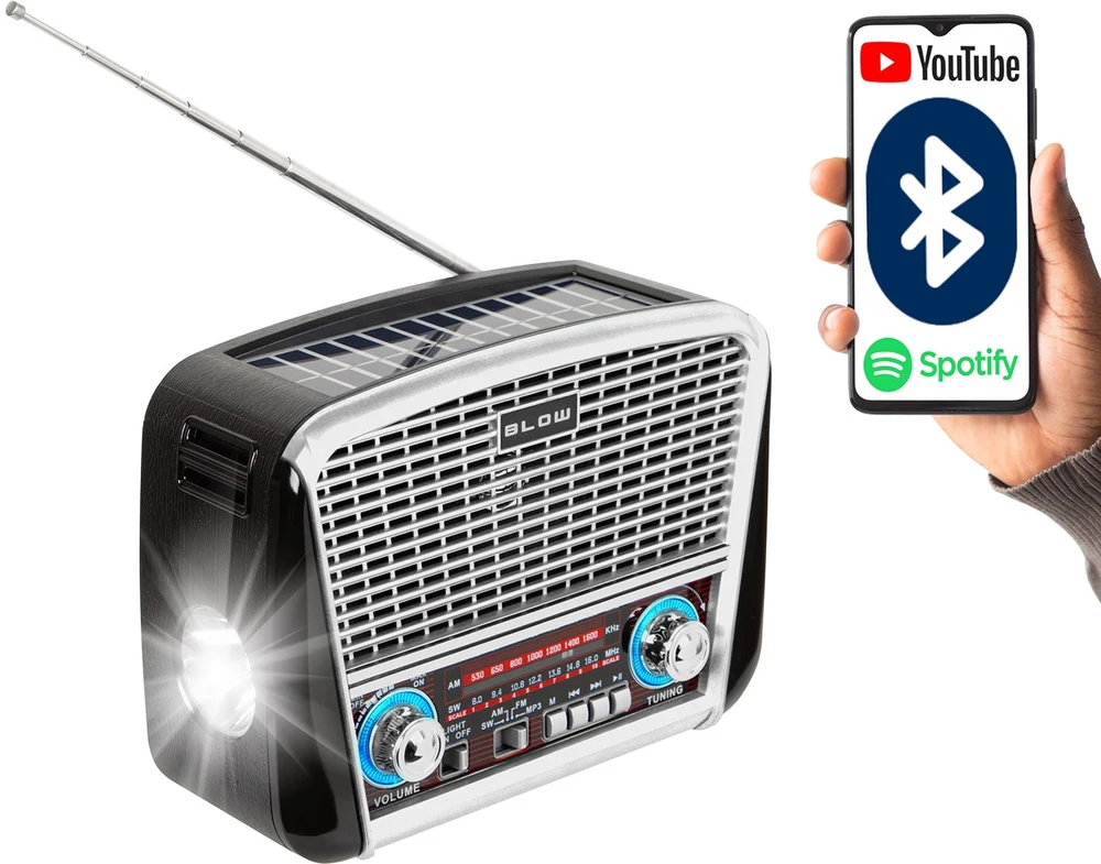 Nešiojamasis analoginis AM/FM radijas BT BLOW RA17 saulės baterija, sidabrinis
