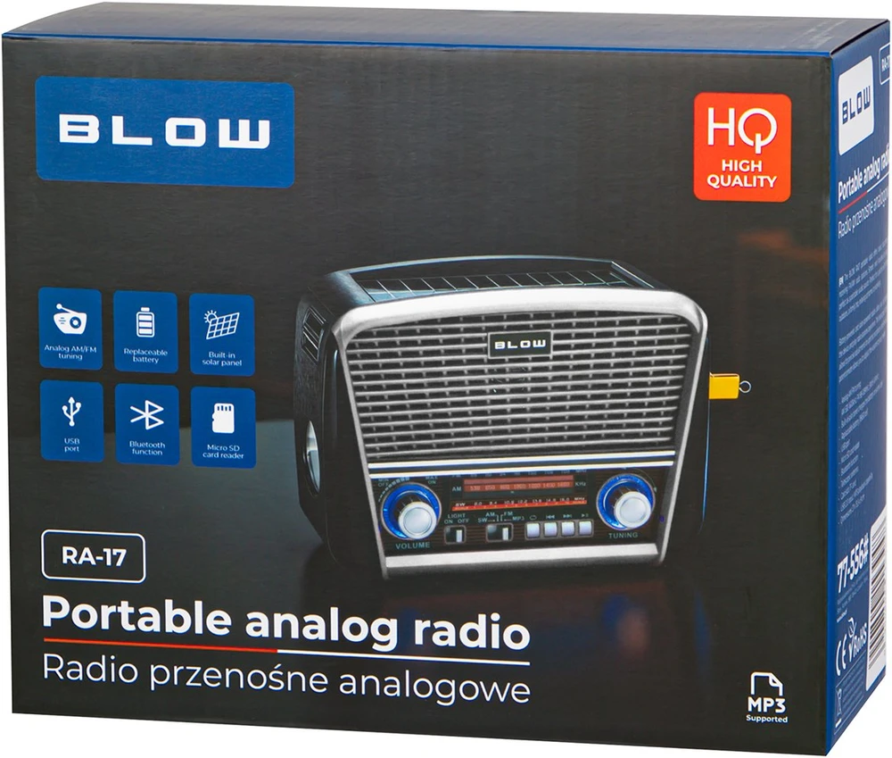 Nešiojamasis analoginis AM/FM radijas BT BLOW RA17 saulės baterija, sidabrinis