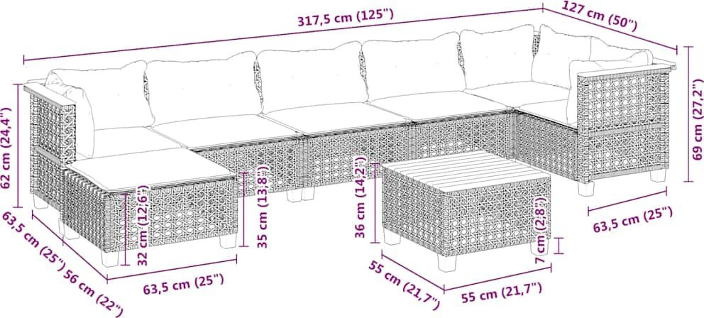 Lauko baldų komplektas Sofos komplektas su pagalvėlėmis, 8 dalių, smėlio, poliratanas