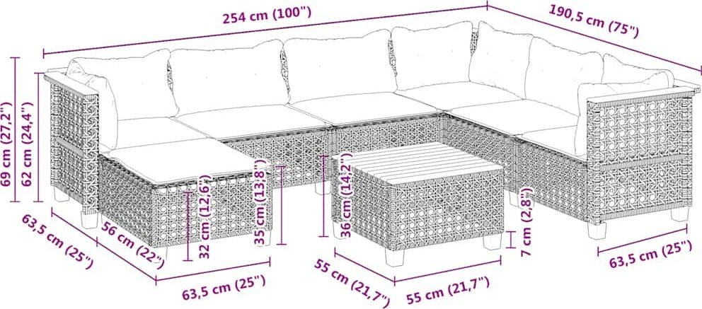 Lauko baldų komplektas Sofos komplektas su pagalvėlėmis, 8 dalių, smėlio, poliratanas