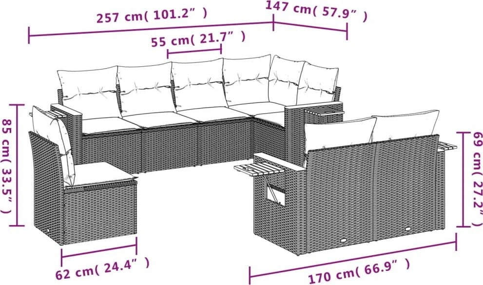 Sofa Sofos komplektas su pagalvėlėmis, 8 dalių, juodas, poliratanas