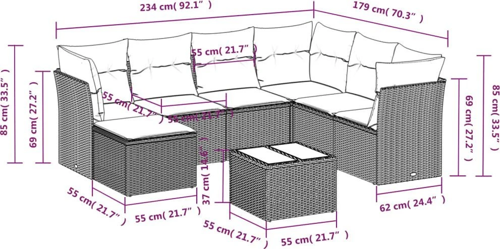 Lauko baldų komplektas Sodo komplektas su pagalvėlėmis, 8 dalių, rudas, poliratanas
