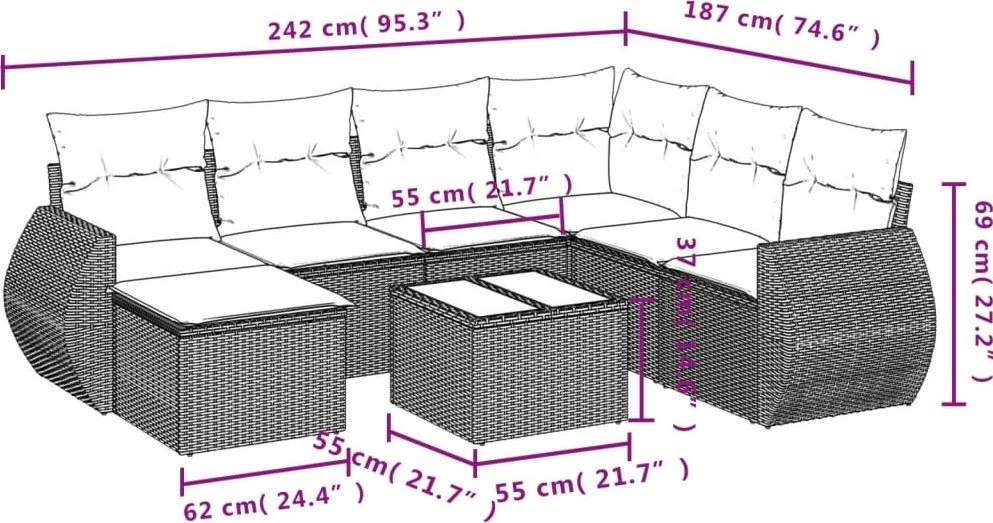 Lauko baldų komplektas Sodo komplektas su pagalvėlėmis, 8 dalių, rudas, poliratanas