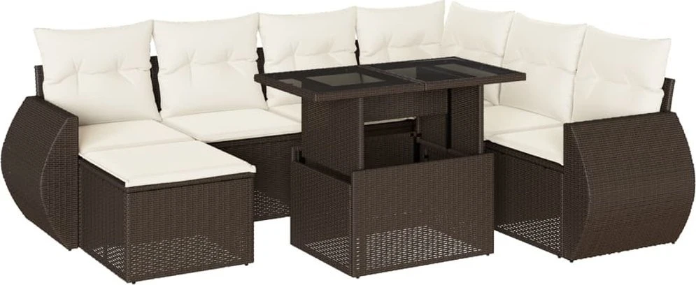 Lauko baldų komplektas Sodo komplektas su pagalvėlėmis, 8 dalių, rudas, poliratanas
