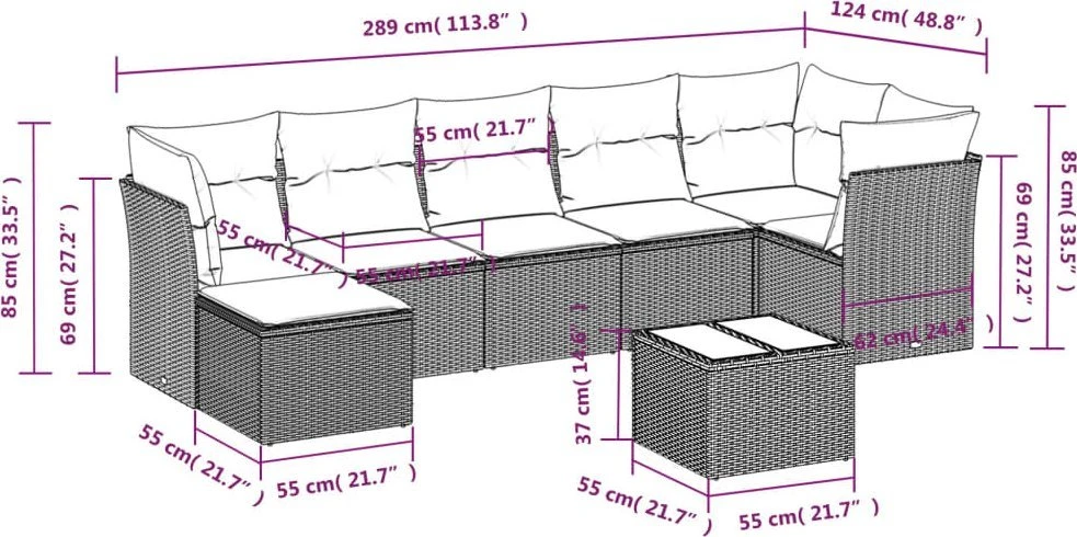 Lauko baldų komplektas Sodo komplektas su pagalvėlėmis, 8 dalių, rudas, poliratanas