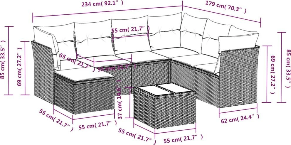 Lauko baldų komplektas Sodo komplektas su pagalvėlėmis, 8 dalių, rudas, poliratanas