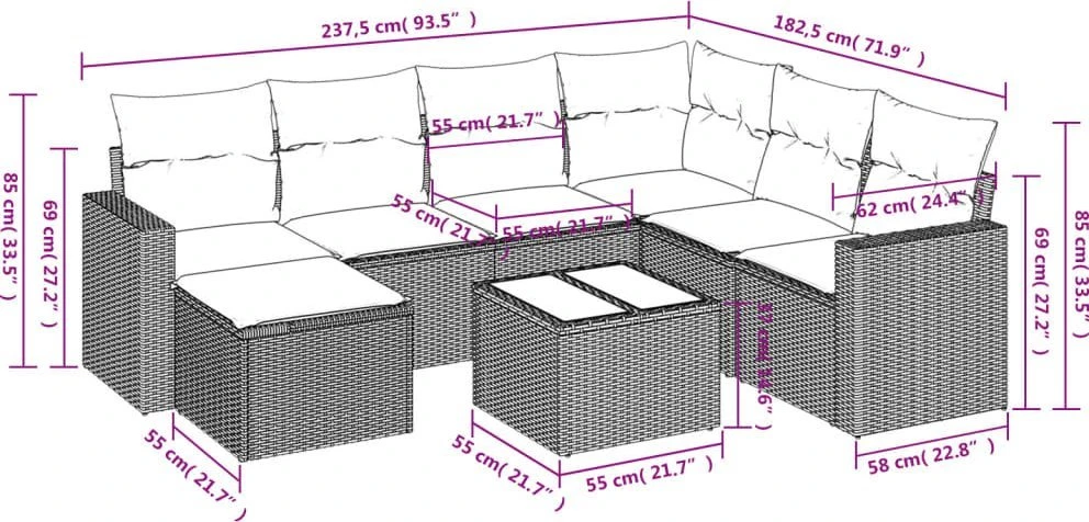 Lauko baldų komplektas Sodo komplektas su pagalvėlėmis, 8 dalių, rudas, poliratanas