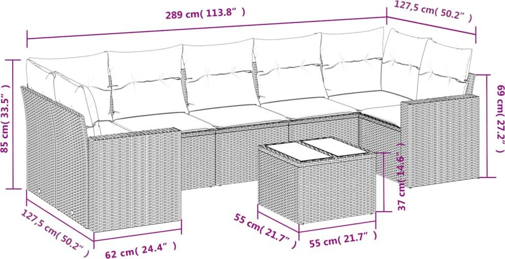 Lauko baldų komplektas Sodo komplektas su pagalvėlėmis, 8 dalių, rudas, poliratanas