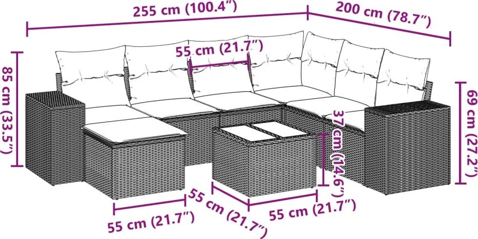 Lauko baldų komplektas Sodo komplektas su pagalvėlėmis, 8 dalių, rudas, poliratanas