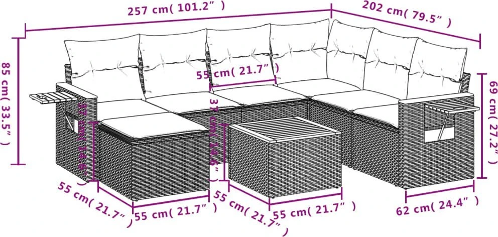 Sofos komplektas su pagalvėlėmis, 8 dalių, juodas, poliratanas