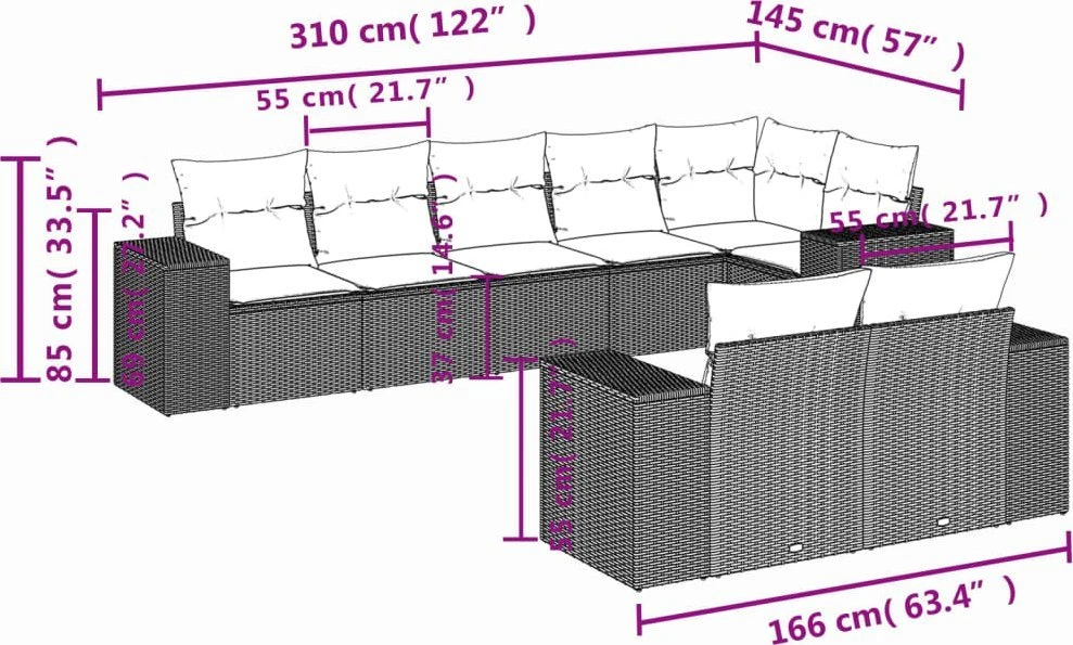 Lauko baldų komplektas Sodo komplektas su pagalvėlėmis, 8 dalių, rudas, poliratanas