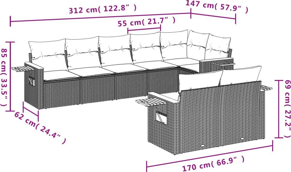 Sofa Sofos komplektas su pagalvėlėmis, 8 dalių, juodas, poliratanas