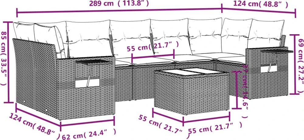 Lauko baldų komplektas Sodo komplektas su pagalvėlėmis, 8 dalių, rudas, poliratanas