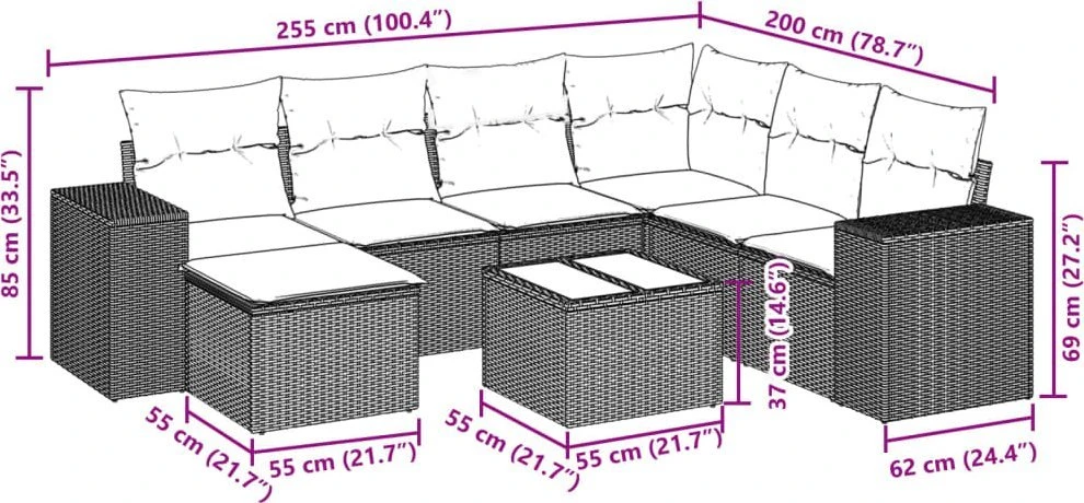 Lauko baldų komplektas Sodo komplektas su pagalvėlėmis, 8 dalių, rudas, poliratanas