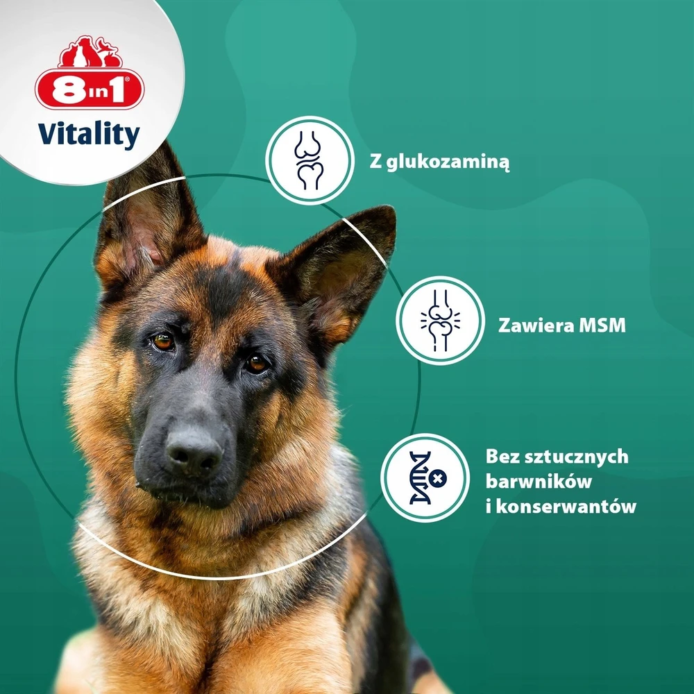 8in1 8IN1 Vitality gliukozaminas su MSM šunų sąnariams ir aktyvumui, aukščiausios kokybės, 55 tb