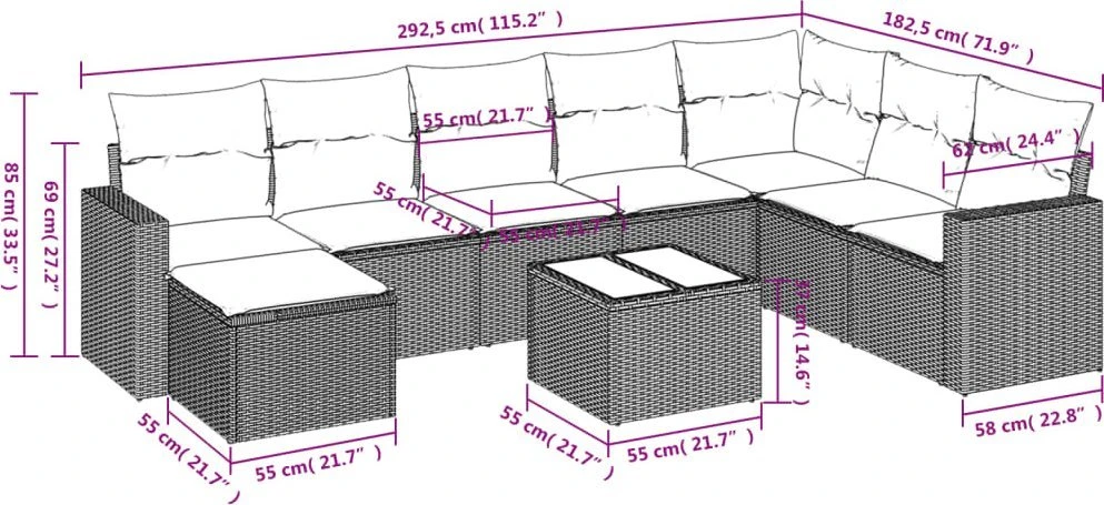 Sodo komplektas su pagalvėlėmis, 9 dalių, rudas, poliratanas