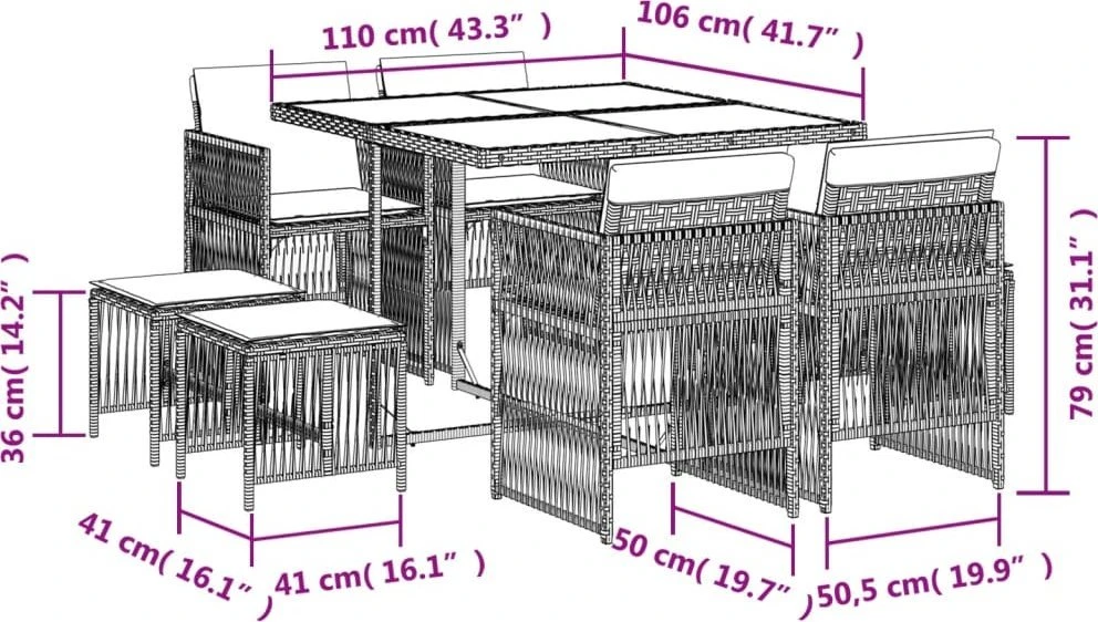 Lauko baldų komplektas Sodo komplektas su pagalvėlėmis, 9 dalių, juodas, poliratanas