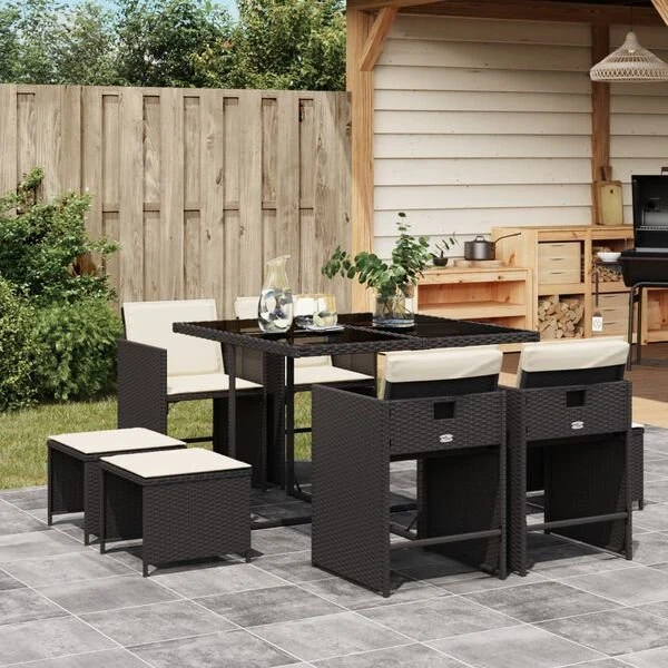 Lauko baldų komplektas Sodo komplektas su pagalvėlėmis, 9 dalių, smėlio, poliratanas