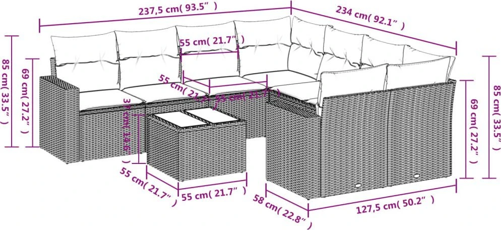 Lauko baldų komplektas Sodo komplektas su pagalvėlėmis, 9 dalių, rudas, poliratanas