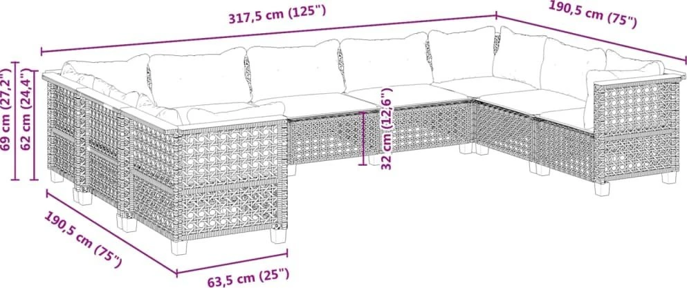 Lauko baldų komplektas Sodo komplektas su pagalvėlėmis, 9 dalių, smėlio, poliratanas