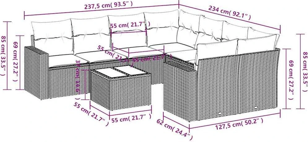 Sodo komplektas su pagalvėlėmis, 9 dalių, rudas, poliratanas