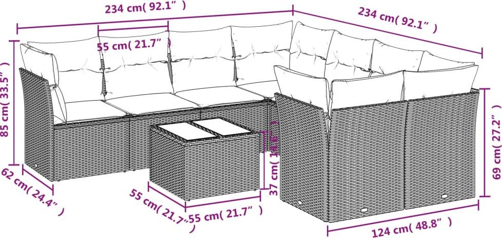 Lauko baldų komplektas Sodo komplektas su pagalvėlėmis, 9 dalių, rudas, poliratanas
