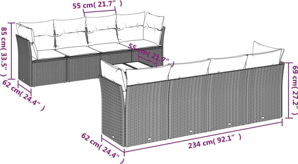Lauko baldų komplektas Sodo komplektas su pagalvėlėmis, 9 dalių, rudas, poliratanas