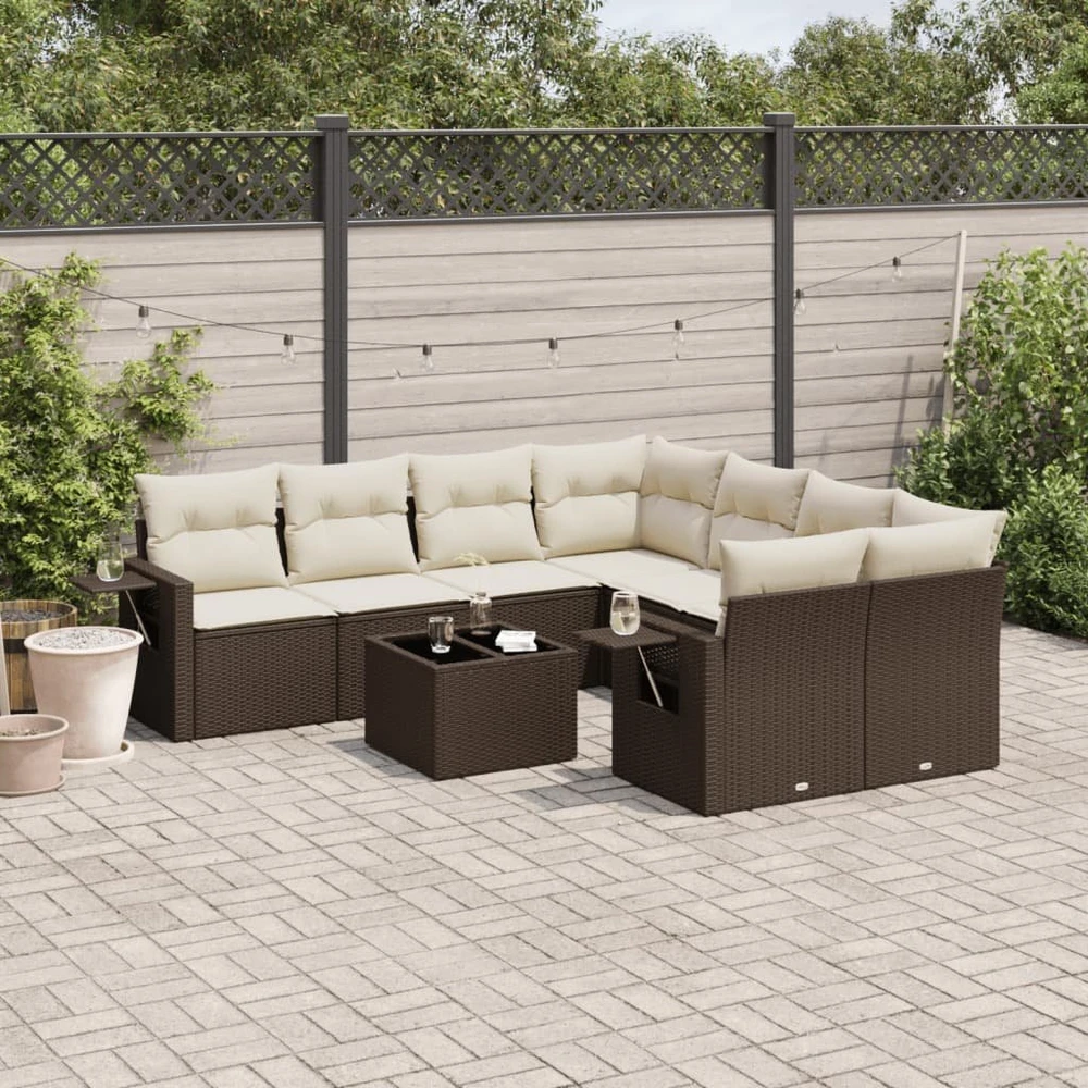 Lauko baldų komplektas Sodo komplektas su pagalvėlėmis, 9 dalių, rudas, poliratanas