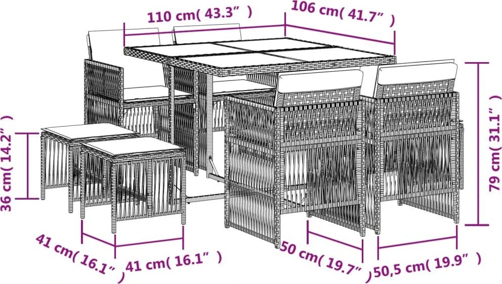 Lauko baldų komplektas Sodo komplektas su pagalvėlėmis, 9 dalių, juodas, poliratanas