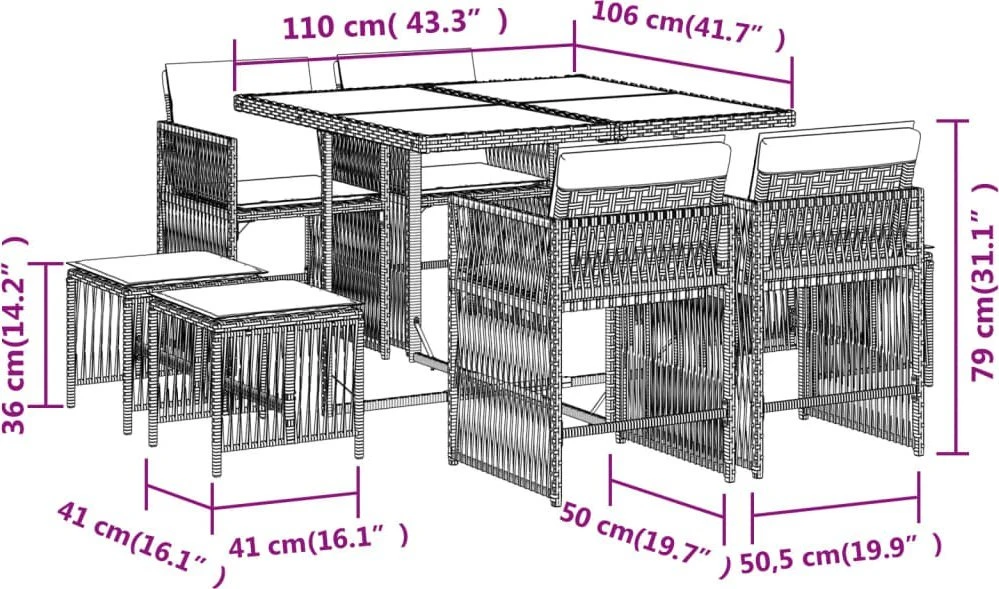 Lauko baldų komplektas Sodo komplektas su pagalvėlėmis, 9 dalių, smėlio, poliratanas