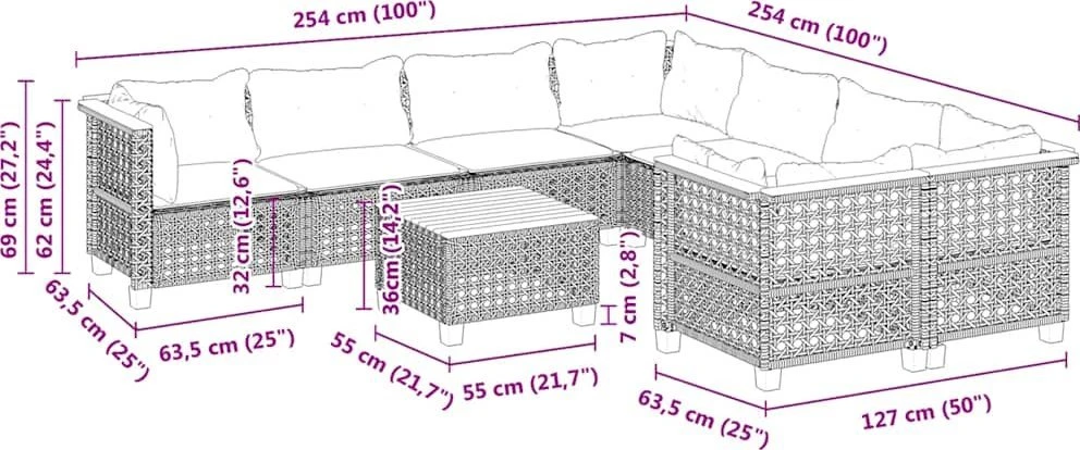 Lauko baldų komplektas Sodo komplektas su pagalvėlėmis, 9 dalių, smėlio, poliratanas