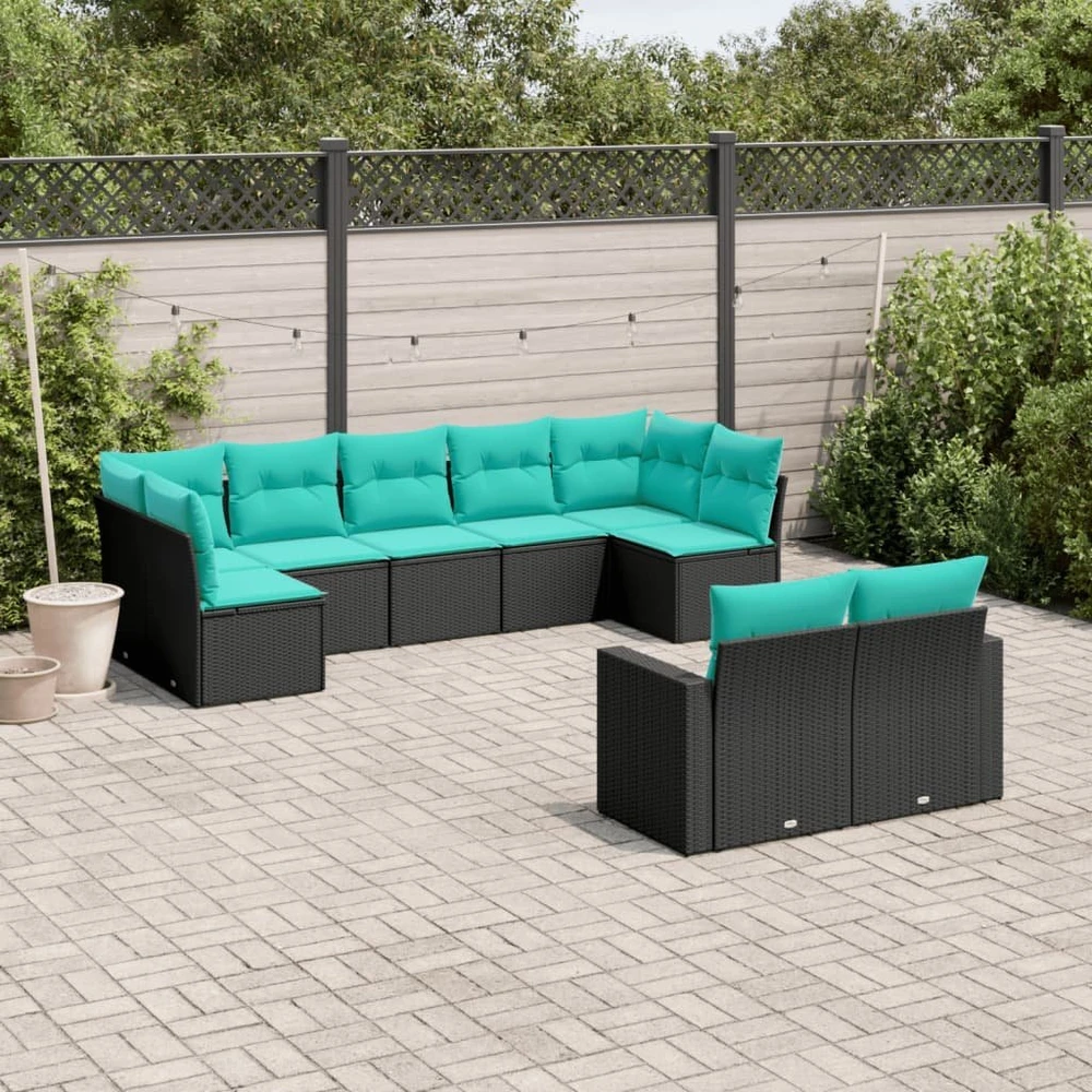 Sofa Sofos komplektas su pagalvėlėmis, 9 dalių, juodas, poliratanas