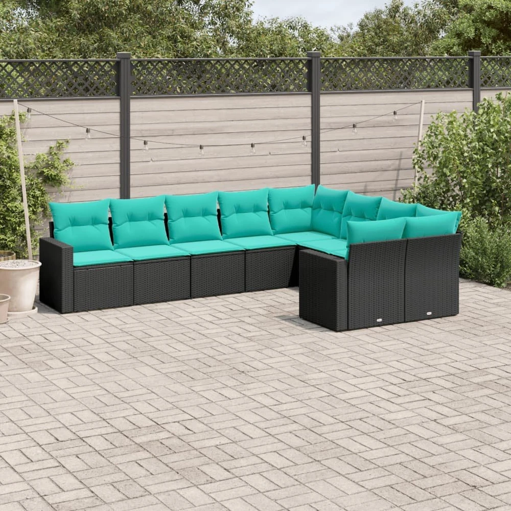 Sofa Sofos komplektas su pagalvėlėmis, 9 dalių, juodas, poliratanas