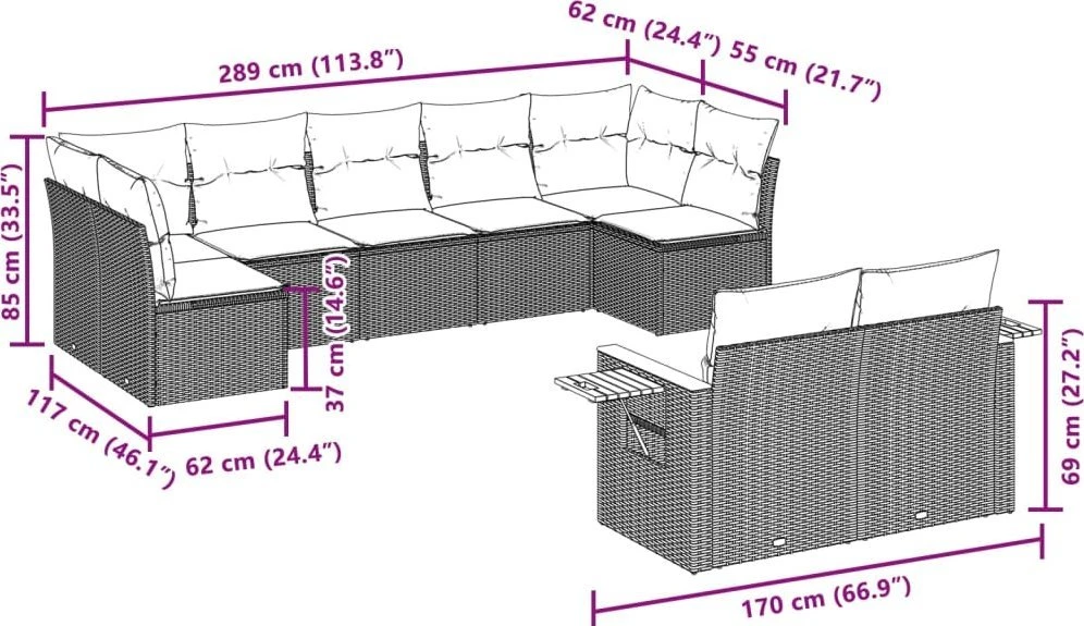 Sofa Sofos komplektas su pagalvėlėmis, 9 dalių, juodas, poliratanas
